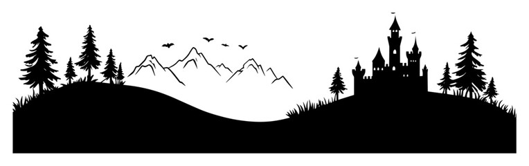 Obraz premium castle in forest with mountains black graphic stencil design