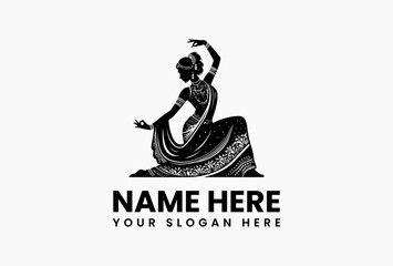 Elegant black and white vector logo silhouette of a traditional Indian Bharatanatyam dancer with intricate costume details. Cultural concept