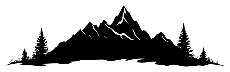 mountain peak with pine trees black silhouette in vector style