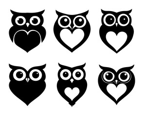 cute owl icons with heart shape black isolated icon shape