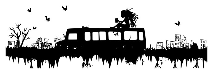 Obraz premium hippie girl on abandoned bus black silhouette in vector