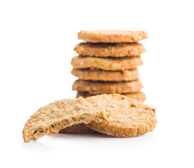 Sweet oatmeal cookies isolated on white background.