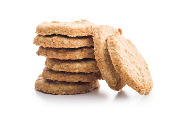 Sweet oatmeal cookies isolated on white background.