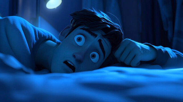 Cartoon male character with wide open eyes in fear lying on bed in night dark atmosphere. Nightmare. 