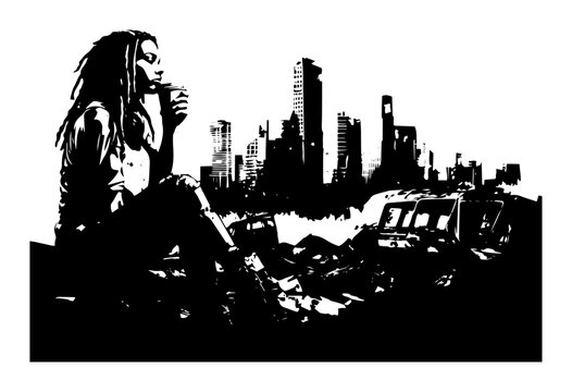 alternative woman with city ruins background dark profile graphic