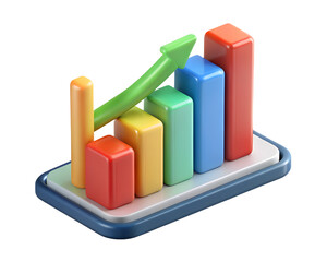 Colorful bar chart with growing green arrow 3d rendering icon on transparent background showing positive trend