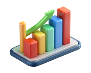 Colorful bar chart with growing green arrow 3d rendering icon on transparent background showing positive trend