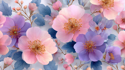 Elegant floral watercolor pattern with soft pink and purple flowers, creating serene atmosphere