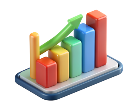 Colorful bar chart with growing green arrow 3d rendering icon on transparent background showing positive trend