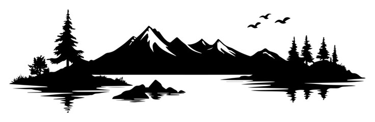 mountains and forest by lake silhouette shape clean vector cut-out © Camel