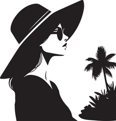 Elegant Woman in Summer Hat at Tropical Beach – Vector Silhouette Art