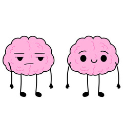 Happy brain and sad brain character. Depression, burnout, dysthymia, bipolar disorder, mental problems. Cartoon cute brain. Stock vector illustration isolated on white background