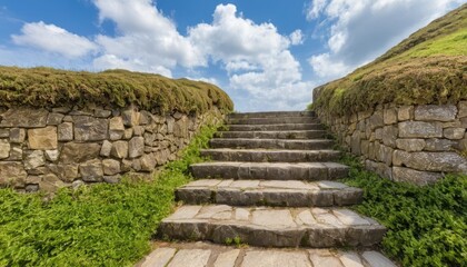 Stone Steps Leading to a Hilltop under a Blue Sky