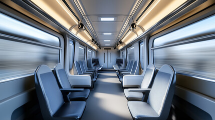 Empty interior of a modern subway train with rows of passenger seats and large windows in the cabin, ready for travel