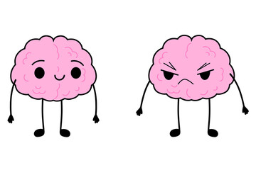 Happy brain and angry brain character. Depression, burnout, dysthymia, bipolar disorder, mental problems. Cartoon cute brain. Stock vector illustration isolated on white background