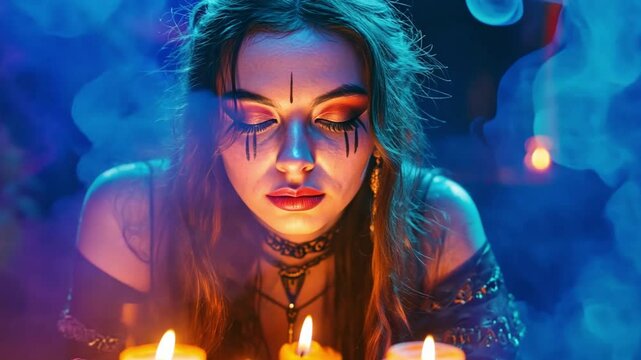 This video captures a mystical moment with a woman focused on candles. The colorful smoke adds a magical touch. Perfect for projects needing enchantment. Generative AI