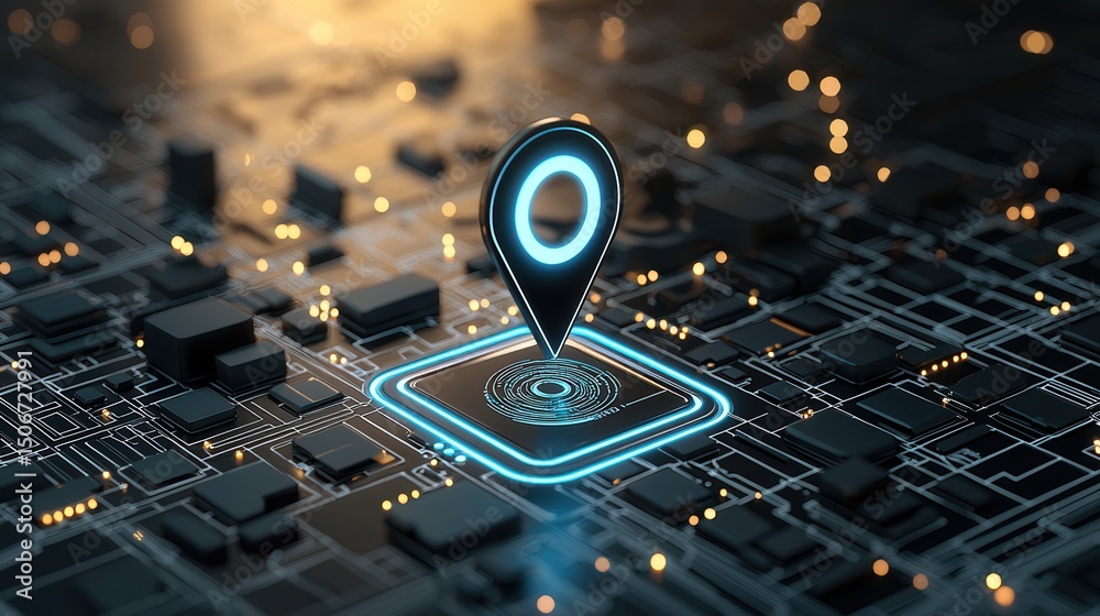 Poster a futuristic digital map display with a glowing pulsating location marker emitting a soft blue lumin