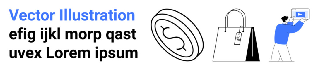 Coin shape for finances, shopping bag for retail, person interacting with digital media. Ideal for e-commerce, marketing, payment systems, online shops, media platforms, digital services simple