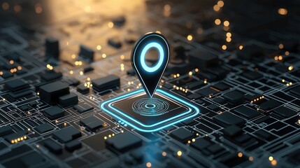 A futuristic digital map display with a glowing pulsating location marker emitting a soft blue luminous glow representing advanced technology data networks and interconnected systems