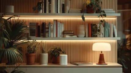 Featuring Warm Accent Lighting on Built-in Bookshelves Adorned, Plants, Decor Items, Cozy Elegant Home Library: Zoom Virtual Meetings Backgrounds, Stylish Interior Backdrops Design, Empty Living Room