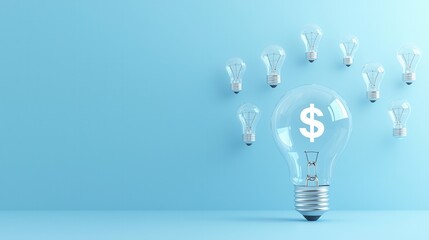 An innovative and conceptual image depicting a transparent glass lightbulb with a floating dollar sign inside