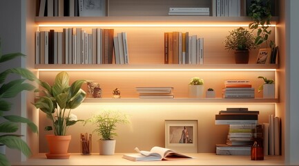 Featuring Warm Accent Lighting on Built-in Bookshelves Adorned, Plants, Decor Items, Cozy Elegant Home Library: Zoom Virtual Meetings Backgrounds, Stylish Interior Backdrops Design, Empty Living Room