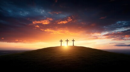 Obraz premium Three dark crosses stand silhouetted against a dramatic glowing sunset sky on a serene hilltop evoking a sense of spiritual contemplation and religious devotion