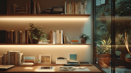 Fototapeta premium Featuring Warm Accent Lighting on Built-in Bookshelves Adorned, Plants, Decor Items, Cozy Elegant Home Library: Zoom Virtual Meetings Backgrounds, Stylish Interior Backdrops Design, Empty Living Room