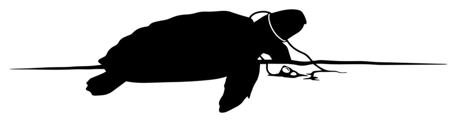 turtle entangled in plastic waste – black vector illustration about pollution