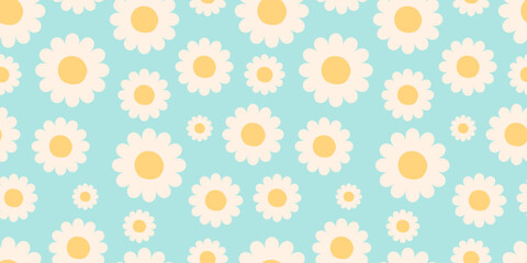 Seamless floral pattern with delicate spring flowers. Elegant botanical background with white daisies for textile, wrapping paper, wallpaper, packaging. Repeating flower design in minimal style