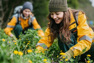 Community volunteers engaged in a local beautification project with blurred background