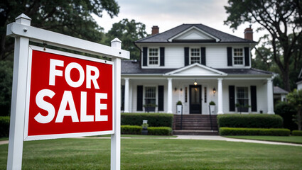 Fototapeta premium For sale sign announces house is available for purchase