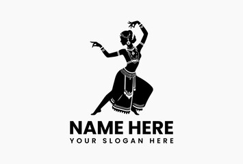 Elegant black and white vector logo silhouette of a traditional Indian Bharatanatyam dancer with detailed costume