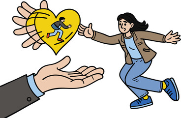 A fleeing figure escaping an outstretched hand depicted in a dynamic vector illustration