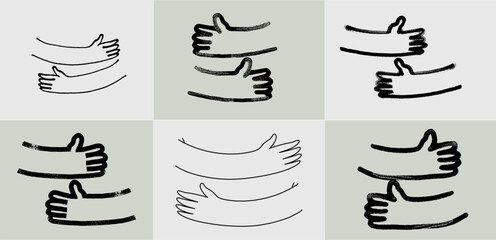 Set of hug hands doodle outline hand drawn logo icon sign Cute brush stroke. Collection of grunge bold brush drawn line vector. Black ink dirty texture. Vector black hand drawn logo illustration.