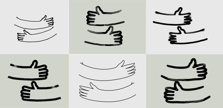 Set of hug hands doodle outline hand drawn logo icon sign Cute brush stroke. Collection of grunge bold brush drawn line vector. Black ink dirty texture. Vector black hand drawn logo illustration.