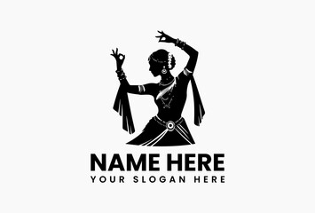 Naklejka premium Elegant black and white vector logo silhouette of a traditional Indian Bharatanatyam dancer with detailed costume