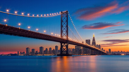 Obraz premium Illuminated suspension bridge spanning city bay at sunset