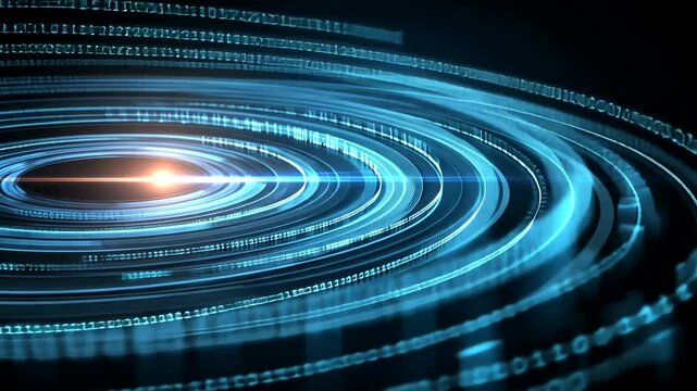 Binary circles and blocks radiating from a central point on a black background, illuminated with soft, cool blue light and orange burst