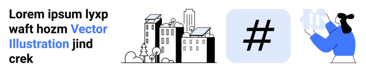 Obraz premium Cityscape with buildings, metadata tag inside a square, person holding phone. Ideal for technology, urban lifestyle, social media, communication, branding, creativity simple landing page