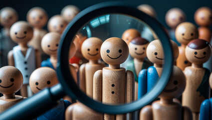 Magnifying glass focusing on happy wooden figure in a crowd