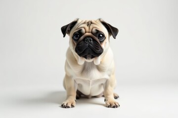 A single pug, facing forward, on a plain white backdrop, dog, portrait, adorable