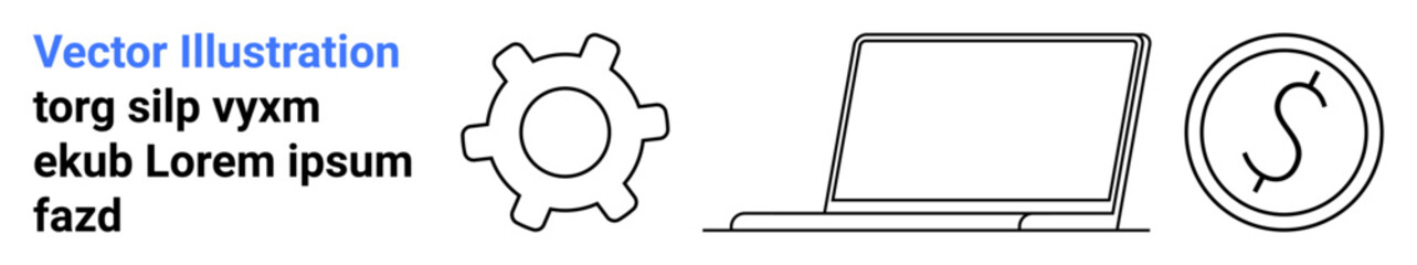 Gear for process, laptop for technology, and coin for finance. Ideal for business strategy, productivity, tech solutions, financial planning, innovation, digital tools simple landing page