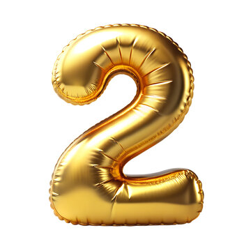 Gold number 2 balloon with gold sparkles on transparent background 