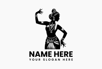 Detailed black and white vector silhouette of Bharatanatyam dancer in traditional costume for cultural branding
