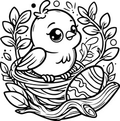 Cute Baby Bird in Nest Coloring Page – Kawaii Spring Nature Illustration