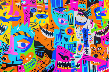 Obraz premium Vibrant abstract street art with colorful geometric patterns and faces