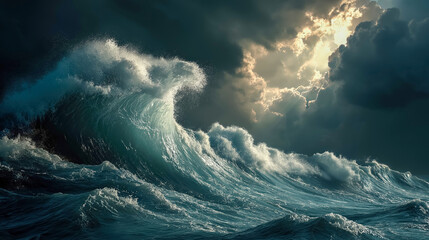 Dramatic ocean waves under stormy sky with sunlight breaking through clouds