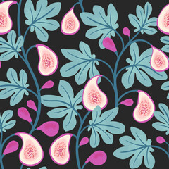 Seamless vector pattern with fig branches, fruits, and leaves. Hand-drawn pink figs and green foliage on a light background. Ideal for fabric, packaging, wallpaper, and botanical projects. 