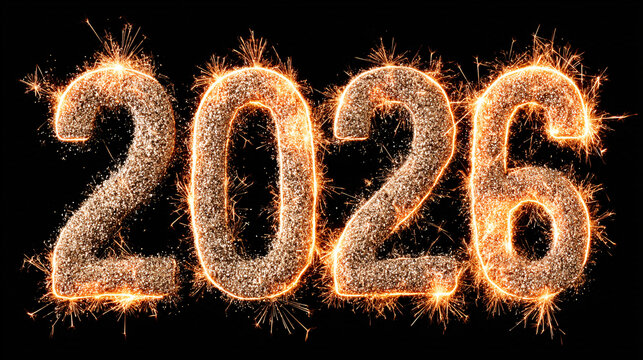 happy new year, new year's eve, silvester, new year, celebration greeting card, new year card - Year 2026 in sparkler font and firework fireworks pyrotechnic, isolated on black night sky background	
